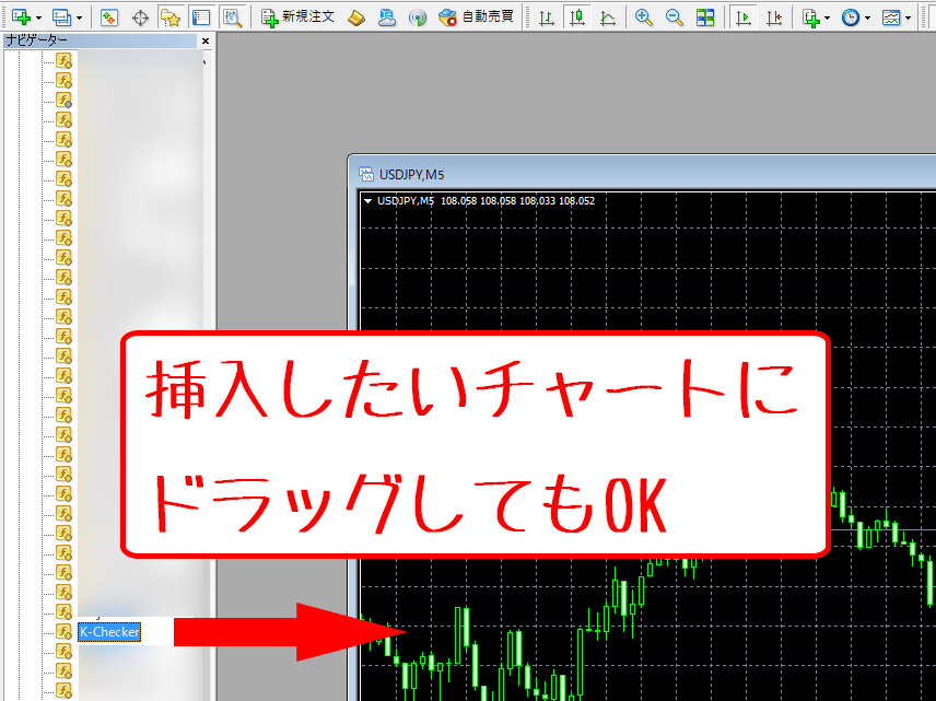ナビゲーターから、希望するチャートへインジケーターをドラッグアンドドロップすることでも挿入できます。