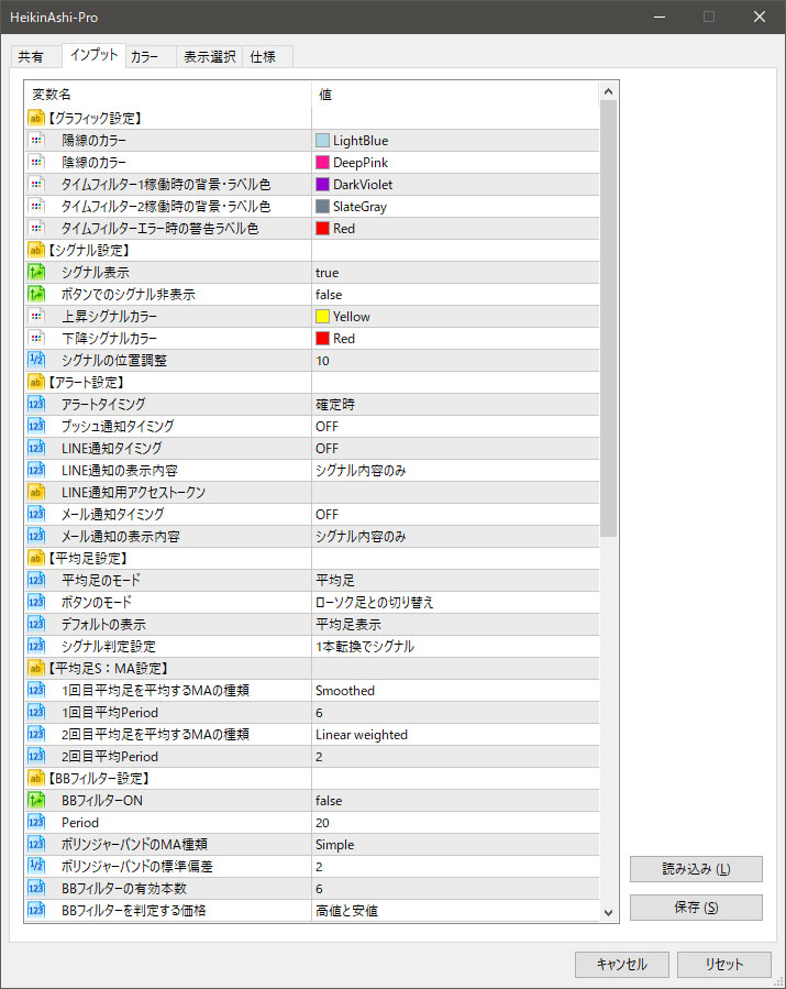 MT5平均足Proのパラメーター設定画面